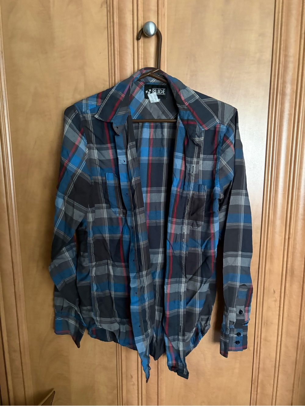 RUDE Plaid Button-Down Shirt in Blue, Black & Red